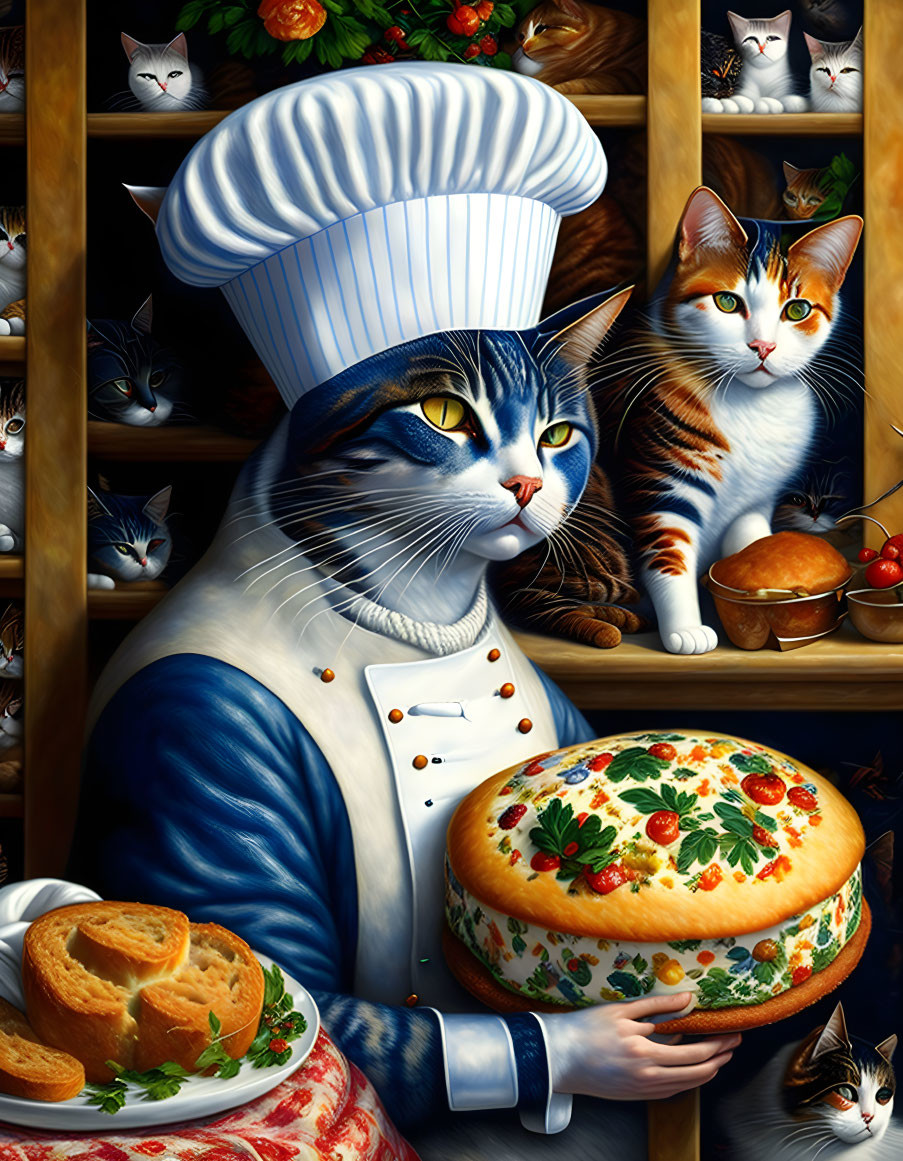 Whimsical cat chef with cake surrounded by fellow felines in kitchen setting