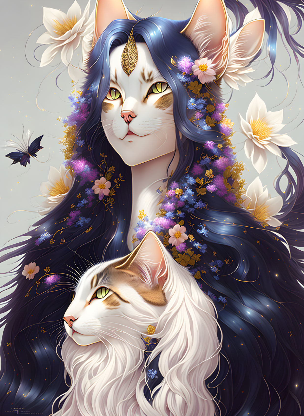 Illustration of elegant cats with long, wavy fur and floral adornments