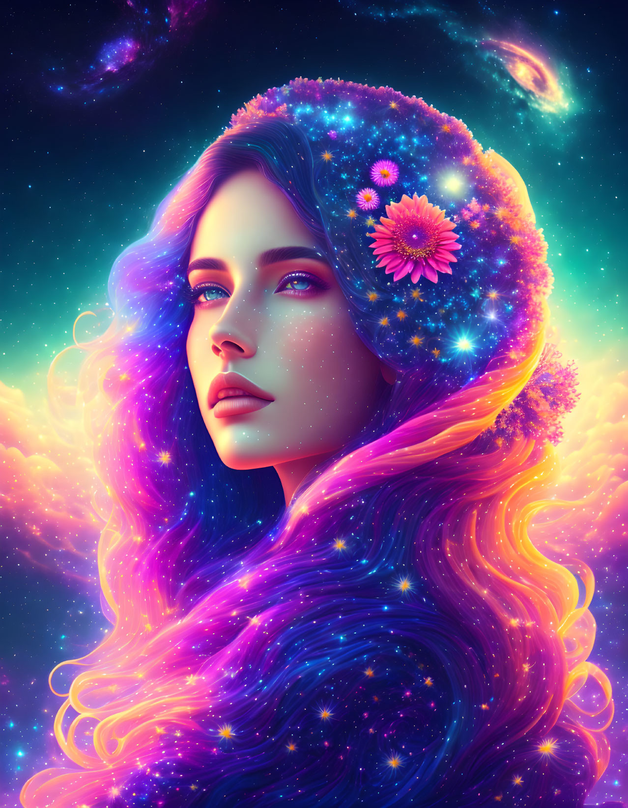 Cosmic-themed digital artwork featuring woman with starry hair