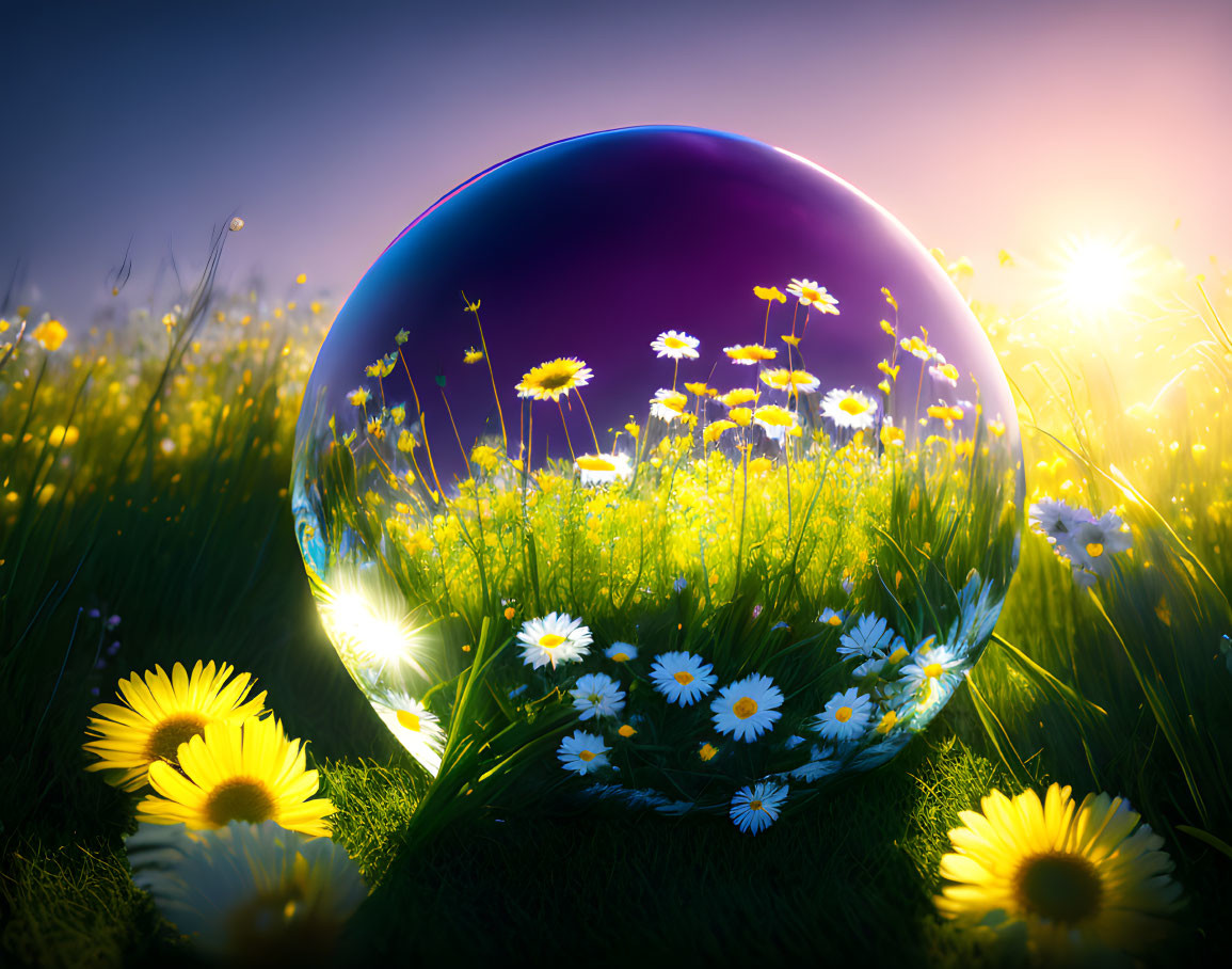 Reflective sphere displaying vibrant meadow with daisies at sunrise or sunset