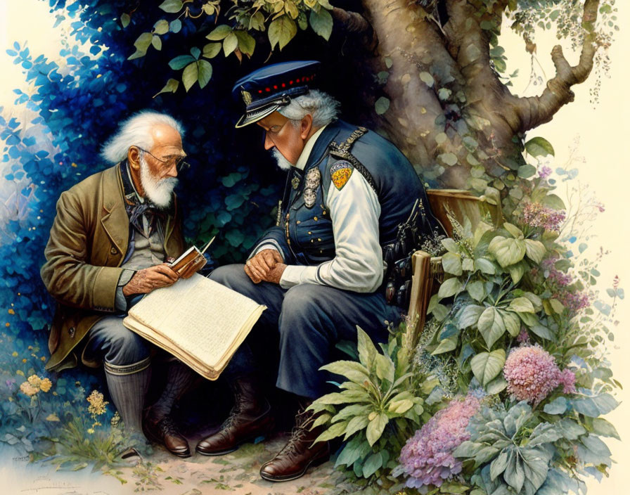 Elderly man and officer reading book in garden setting