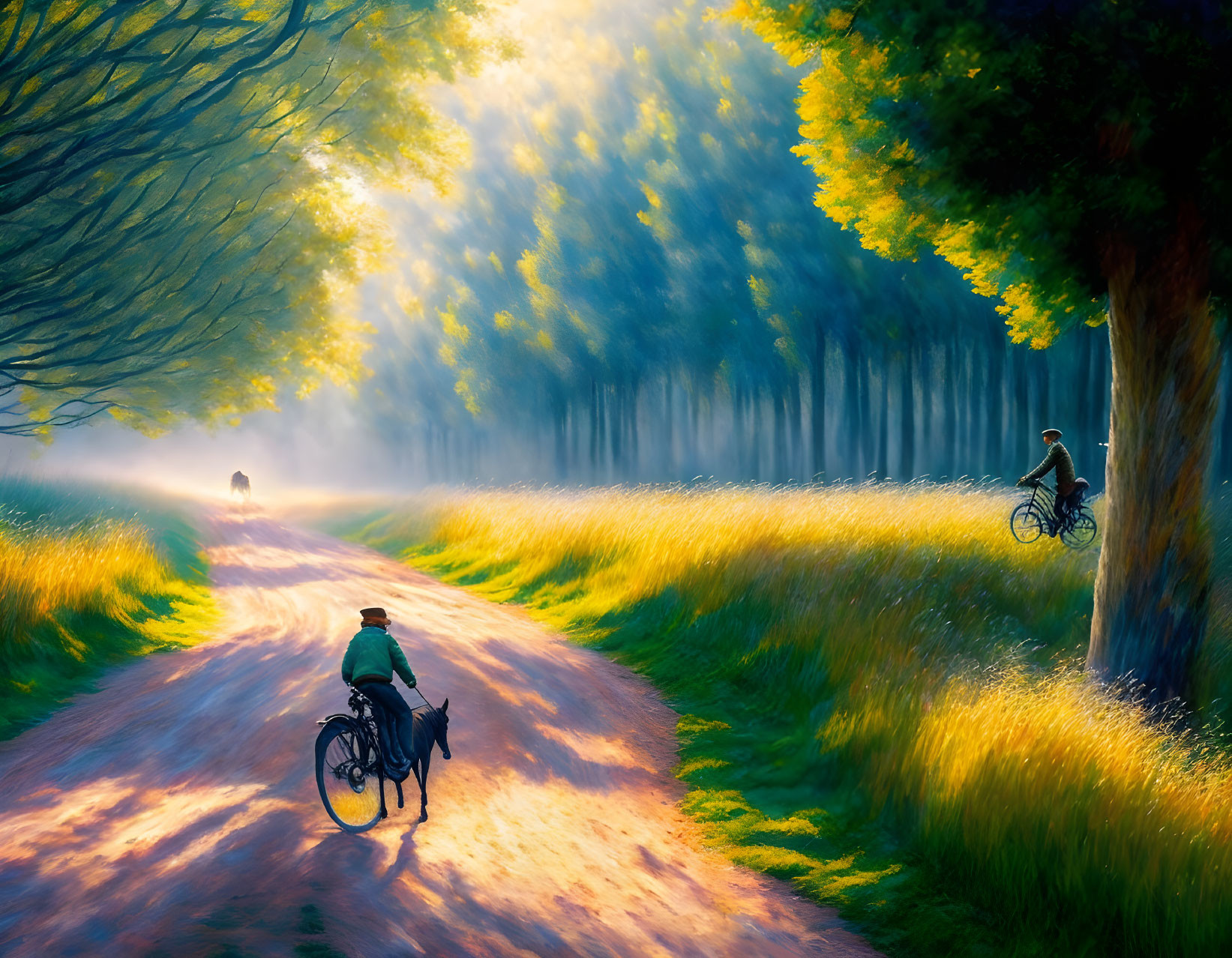 Tranquil path with cyclists in sunlight among trees