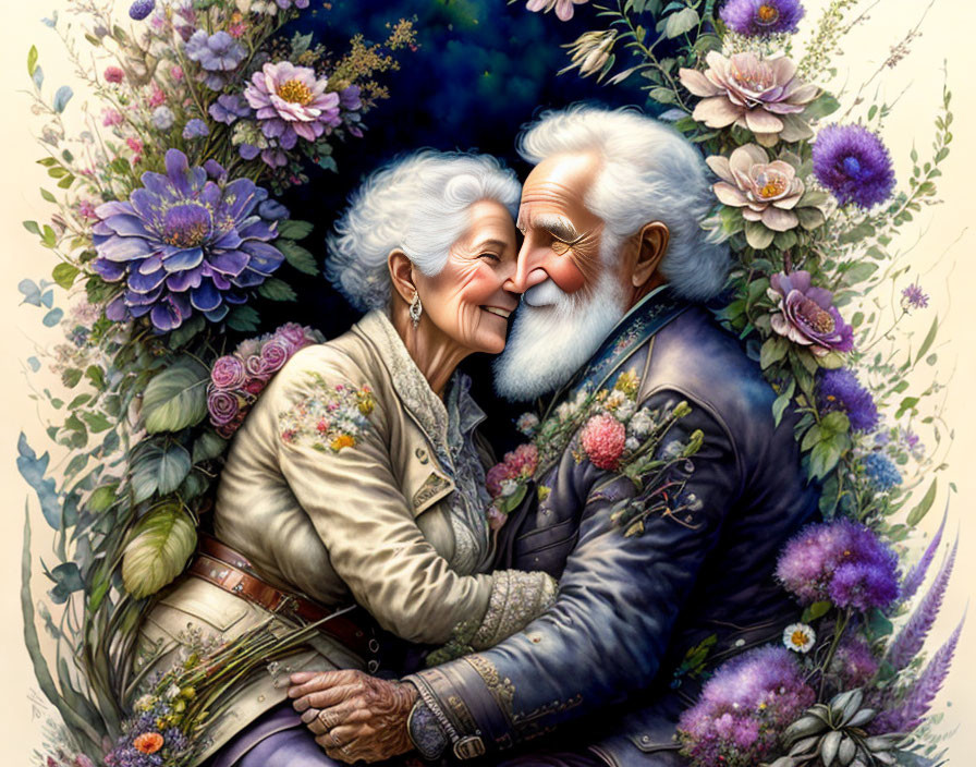 Elderly couple nose-to-nose in vibrant flower garden