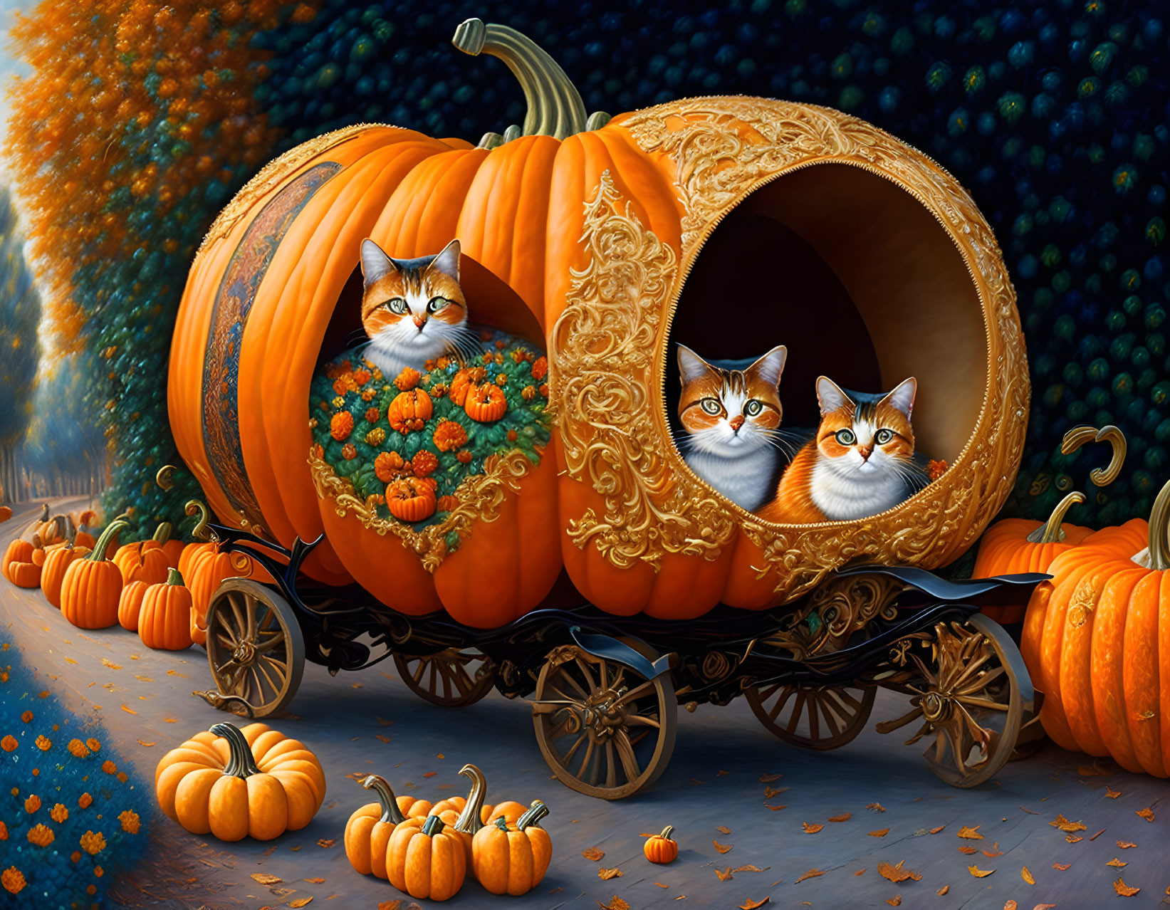 Illustration of two cats in pumpkin carriage with autumn decor