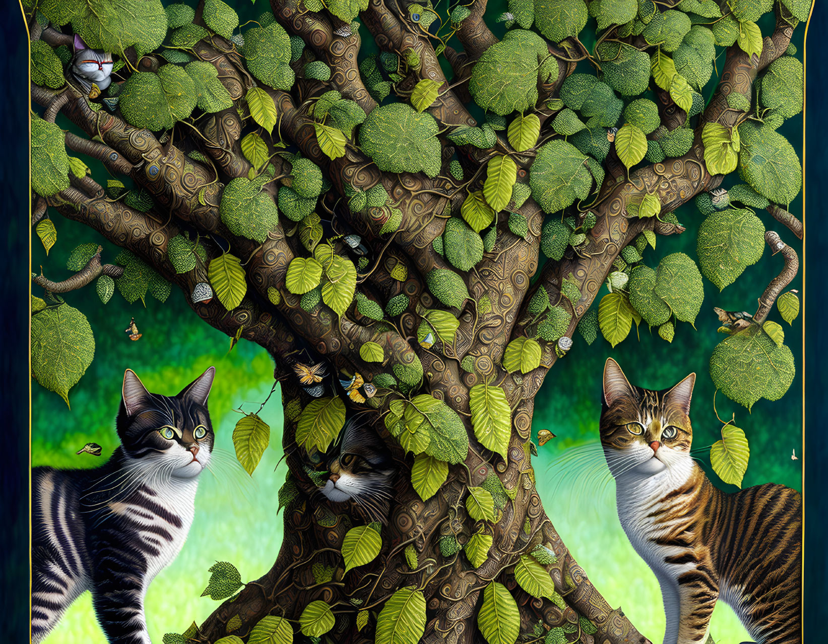 Detailed illustration of camouflaged cats in lush tree with green leaves