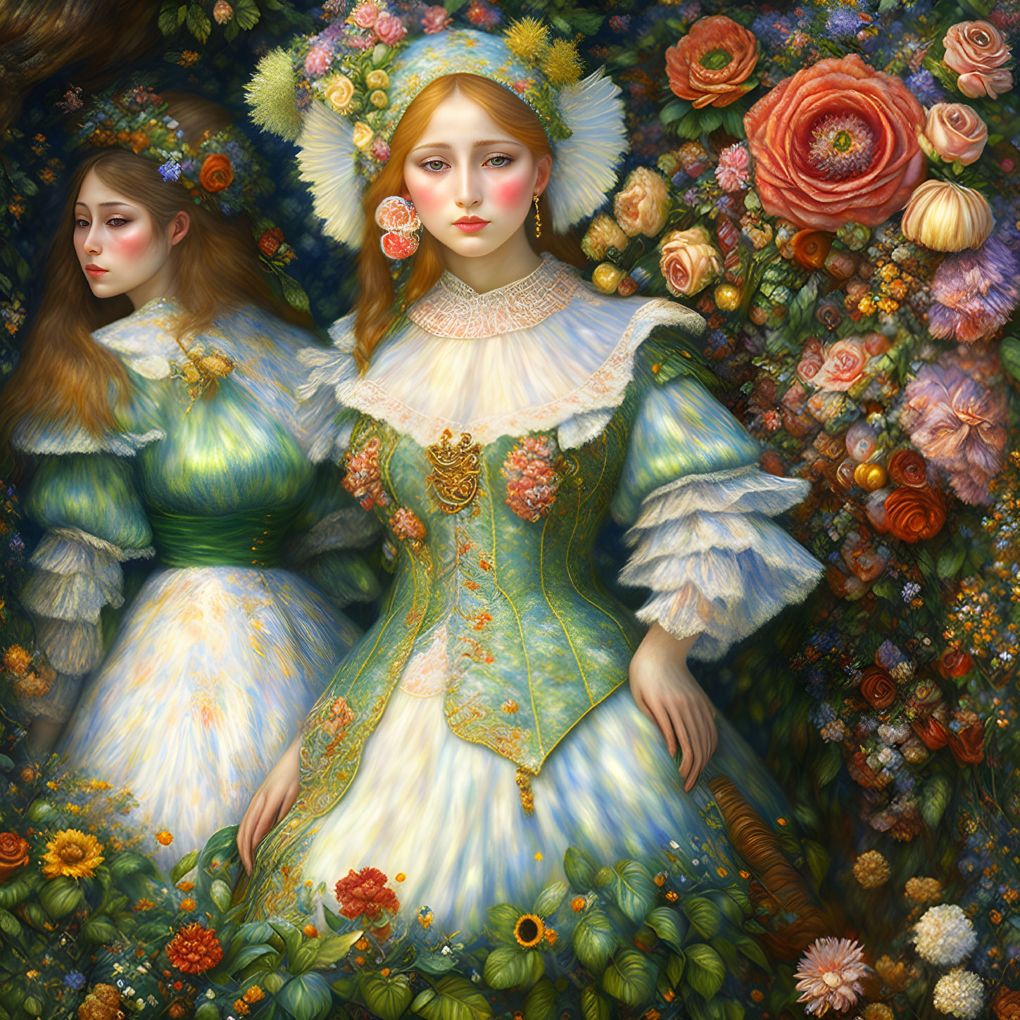 Vintage Dresses Painting Featuring Two Women Surrounded by Colorful Flowers