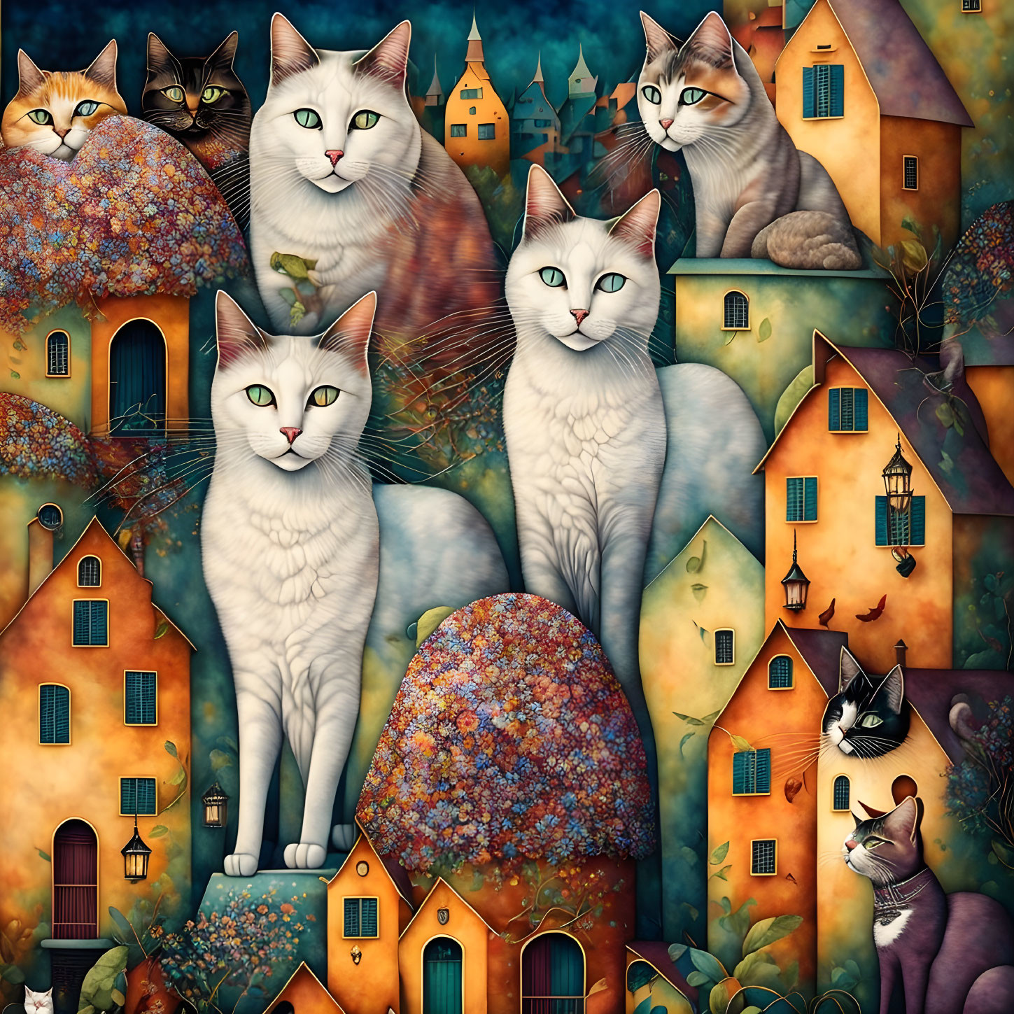 Whimsical cat illustration with expressive faces and colorful houses