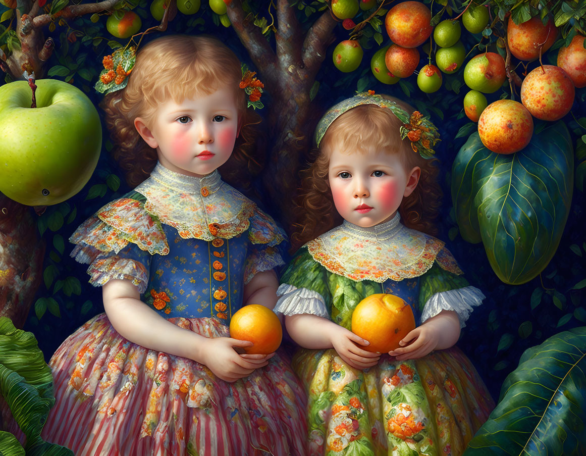 Two Young Girls in Elaborate Period Dresses Holding Oranges by Fruit-Laden Tree