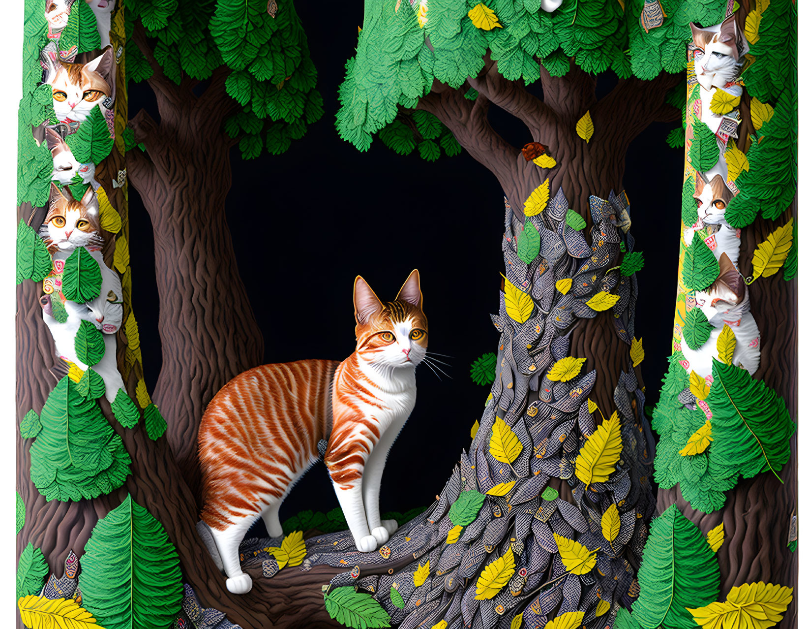 Whimsical forest scene with playful cat illustrations