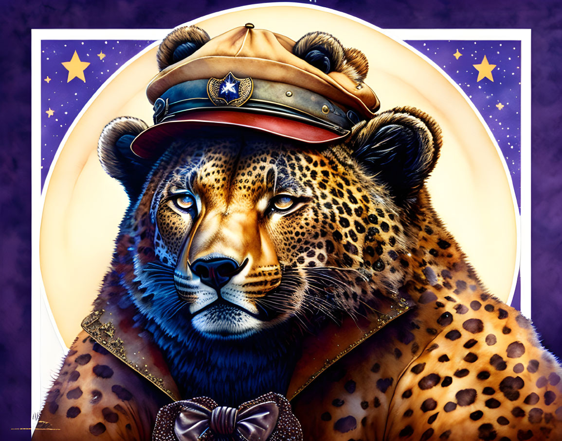 Anthropomorphic cheetah in officer's hat and bow tie on purple background.