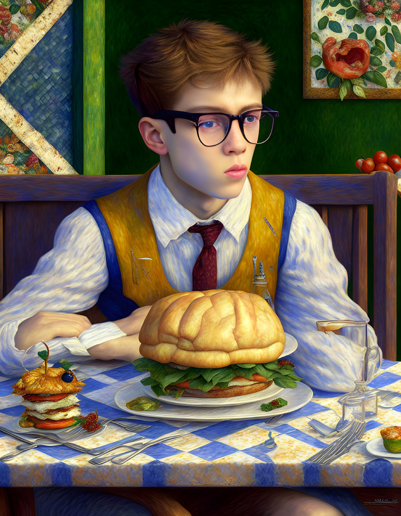 Young man in yellow vest and red tie with sandwich on checkered tablecloth