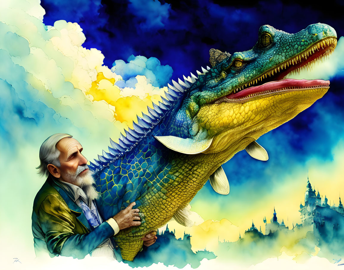 Elderly man embraces colorful reptile in fantasy landscape