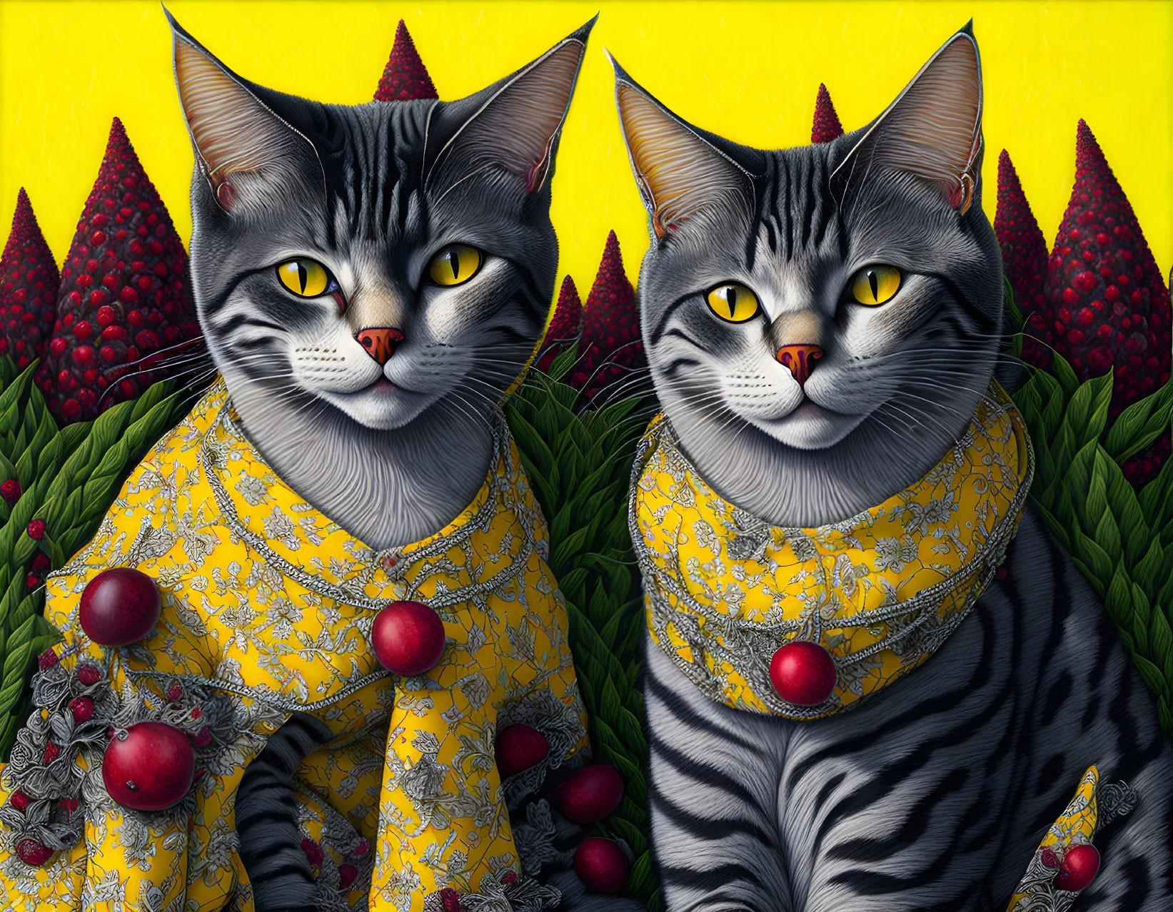 Stylized cats with human-like eyes in yellow outfits on red berries background