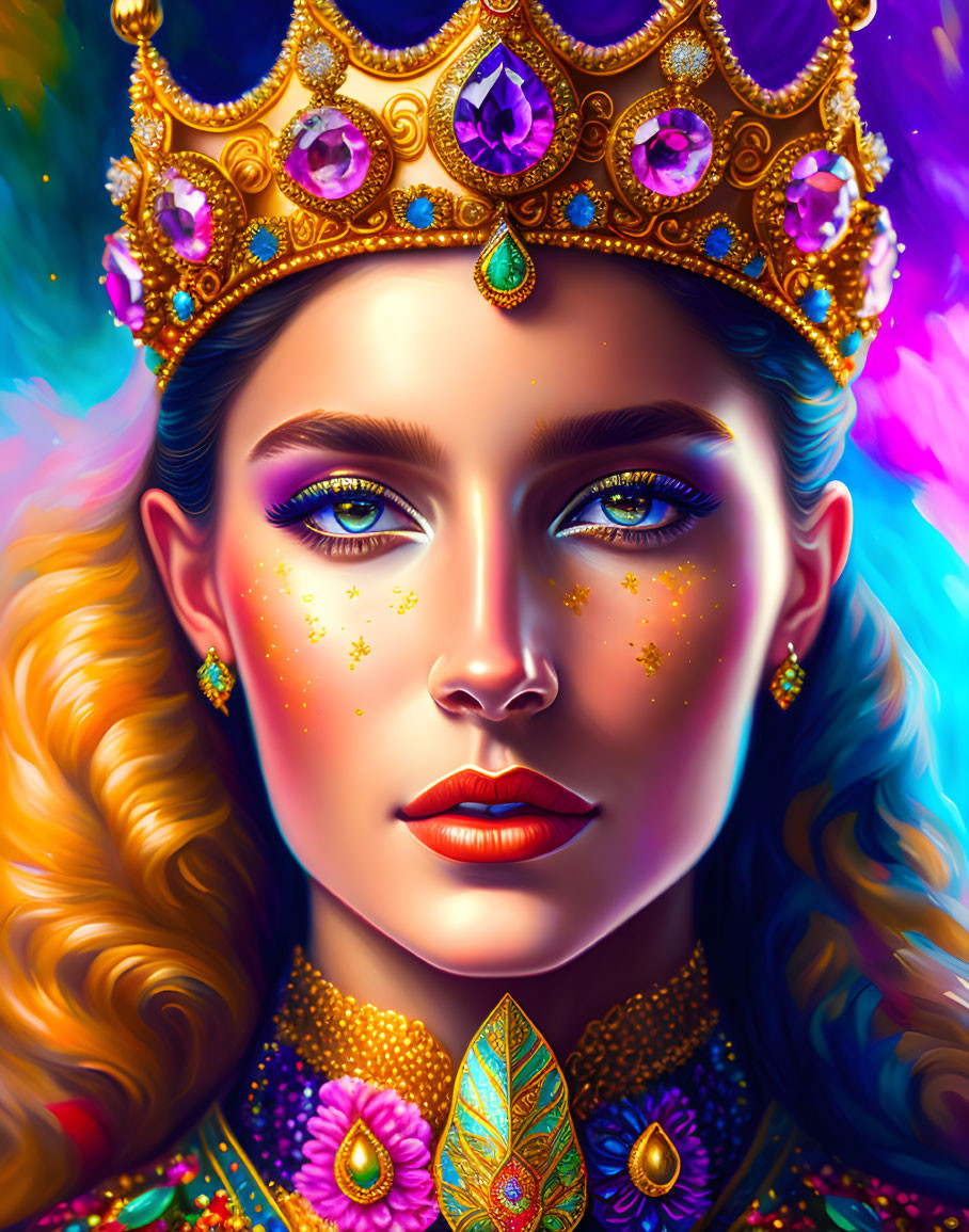 Illustrated portrait of a woman with golden crown and vibrant makeup