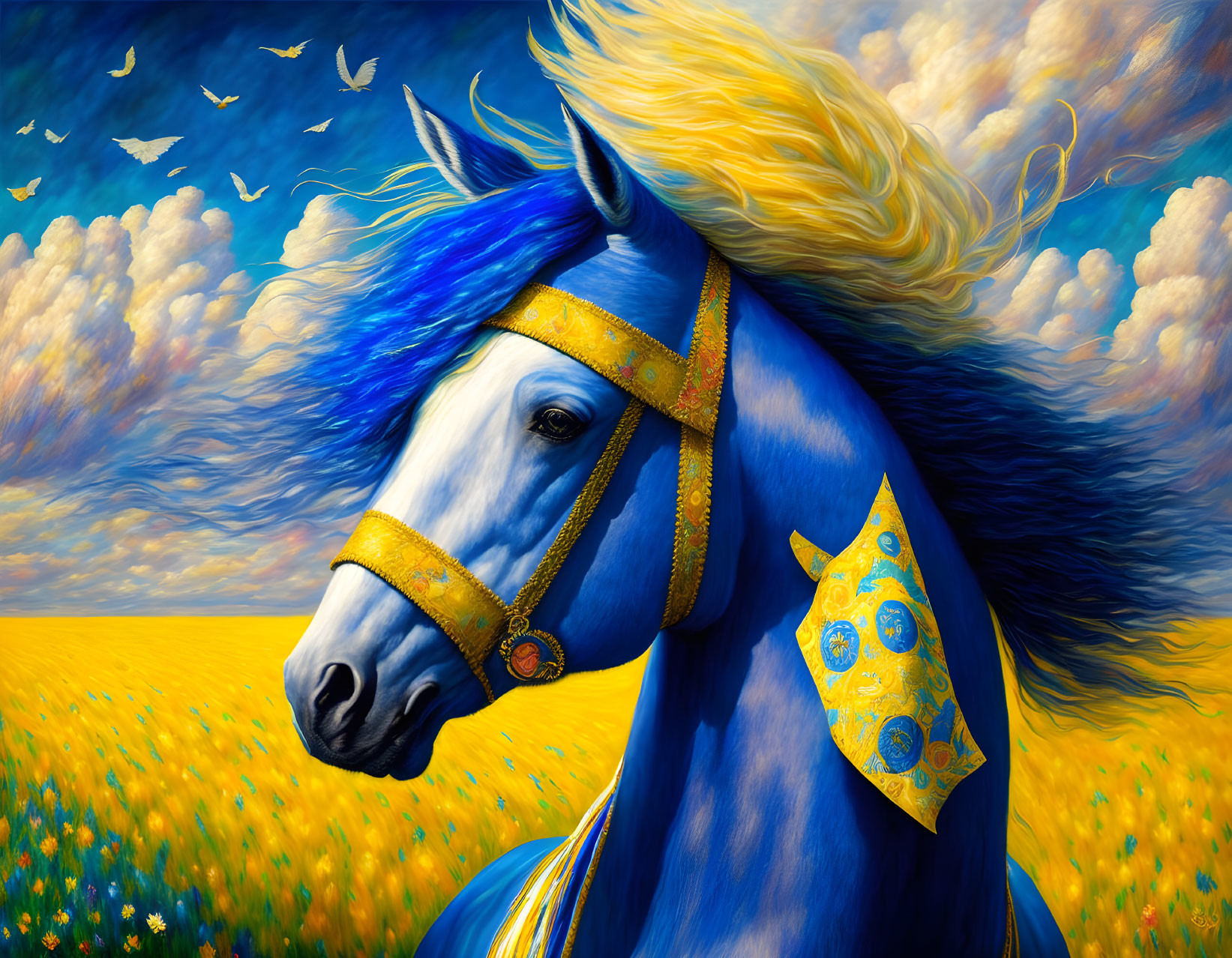 Colorful painting of blue horse with yellow mane and golden harness in floral landscape