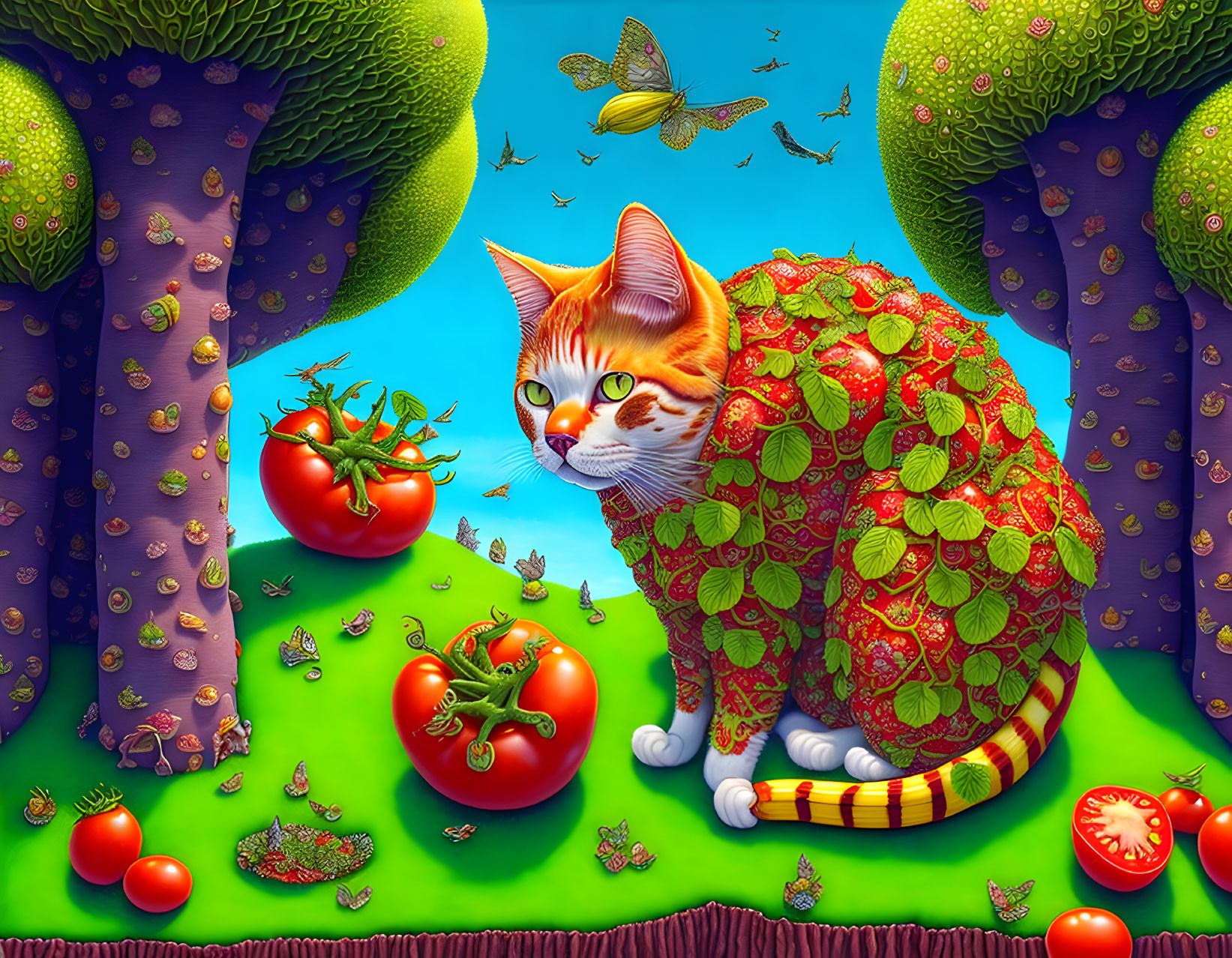 Fantastical orange tabby cat camouflaged in tomato plant with butterflies