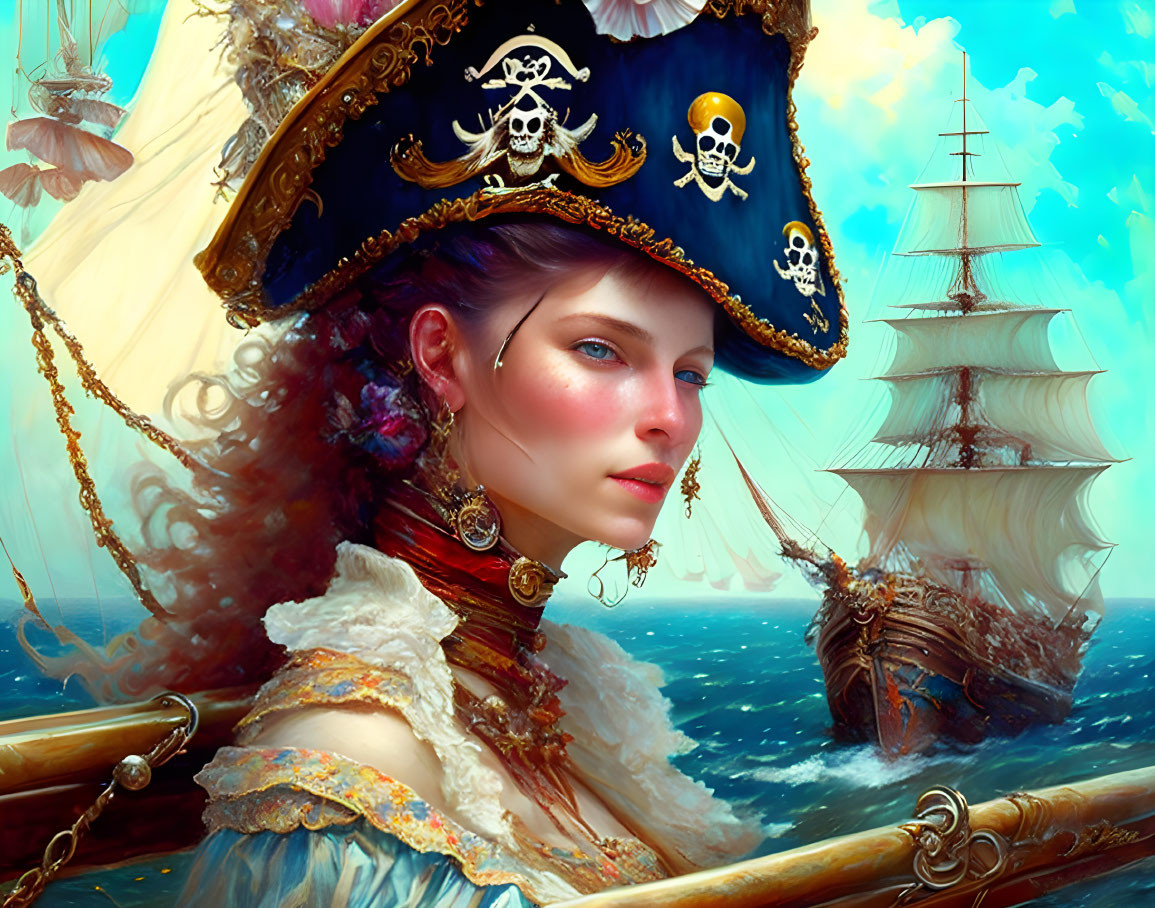 Elaborate Pirate Attire with Tricorn Hat and Sailing Ships Backdrop