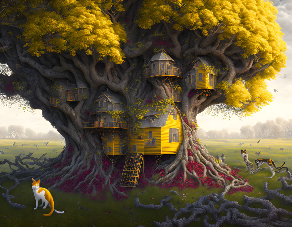 Vibrant tree with multiple connected treehouses, cats nearby