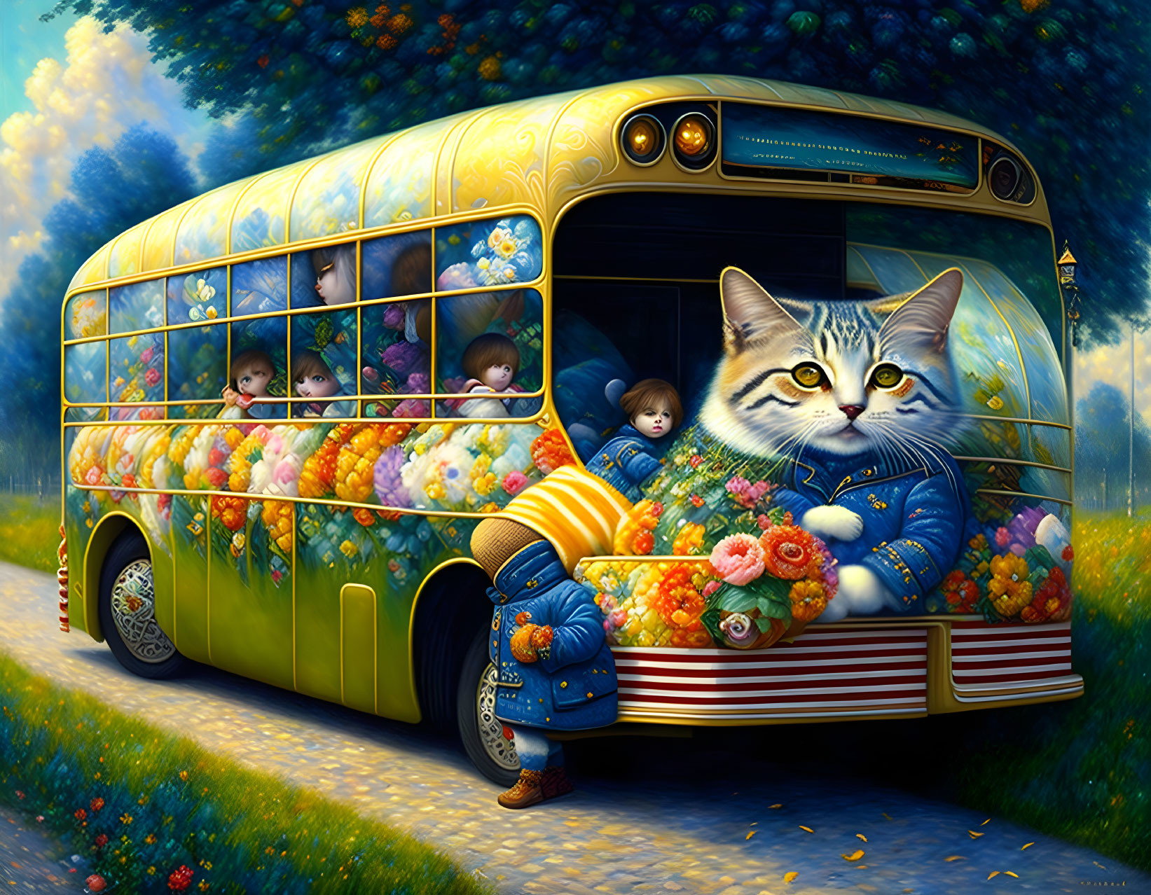 Surreal vintage bus art with cat driver and children's faces in flower-filled windows