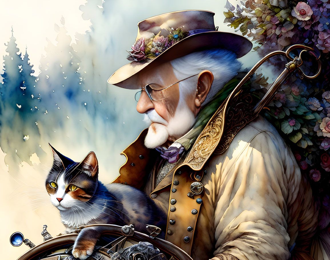 Steampunk-themed elderly man with monocle and cat in nature scene