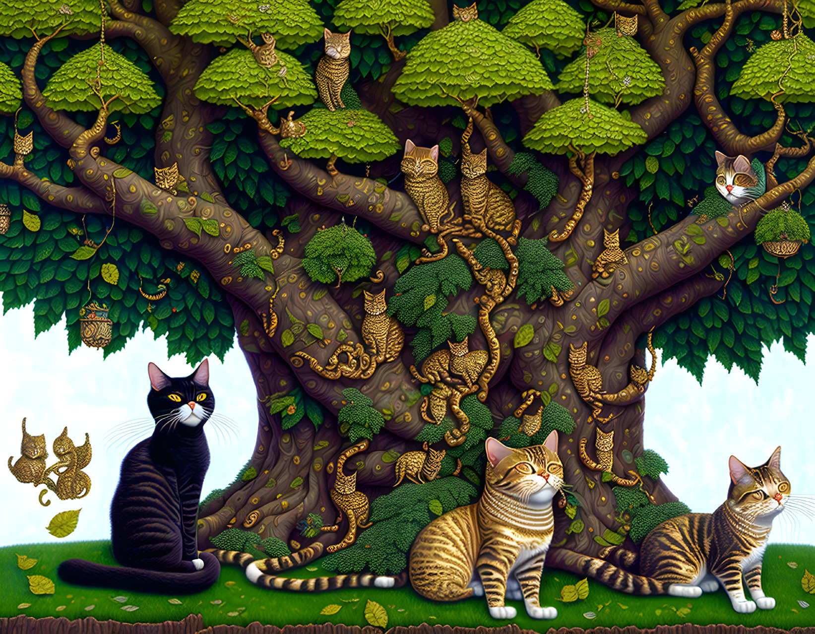 Illustration of large tree with cats hidden in branches and three cats at base