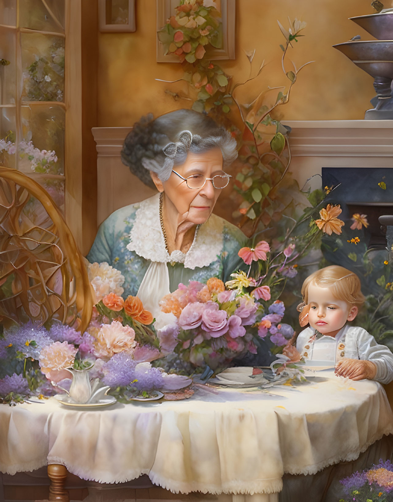 Elderly woman and child at flower-adorned table in cozy room