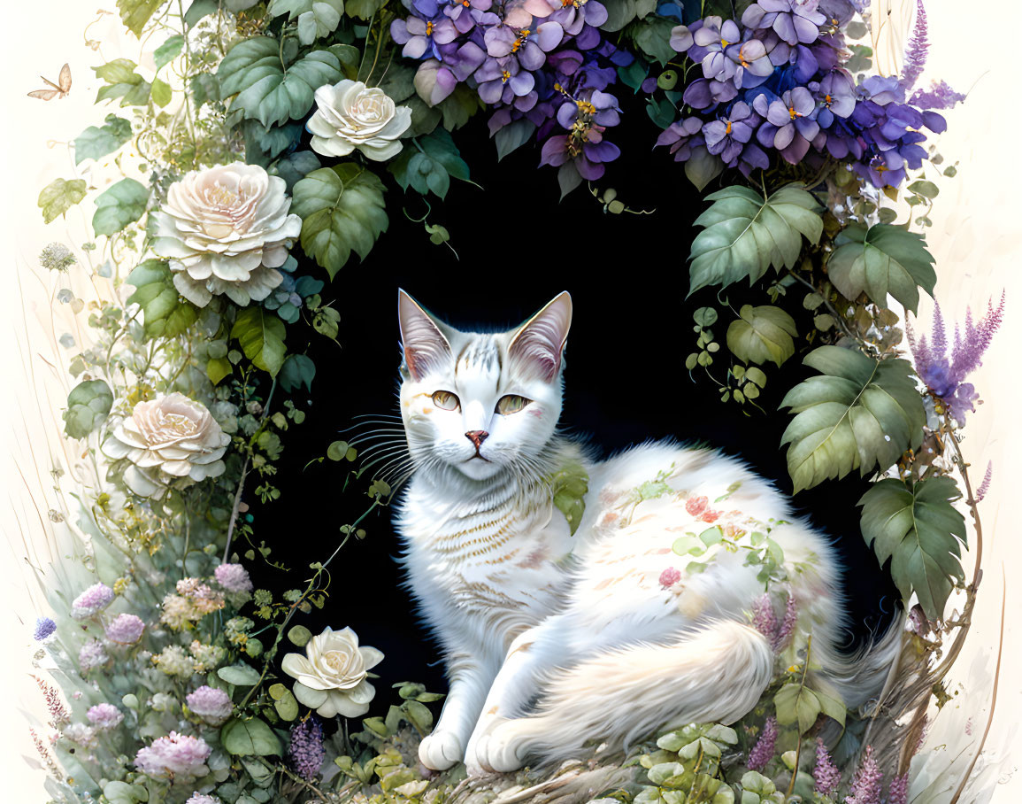 White Cat Surrounded by Floral Patterns and Greenery in Floral Hollow