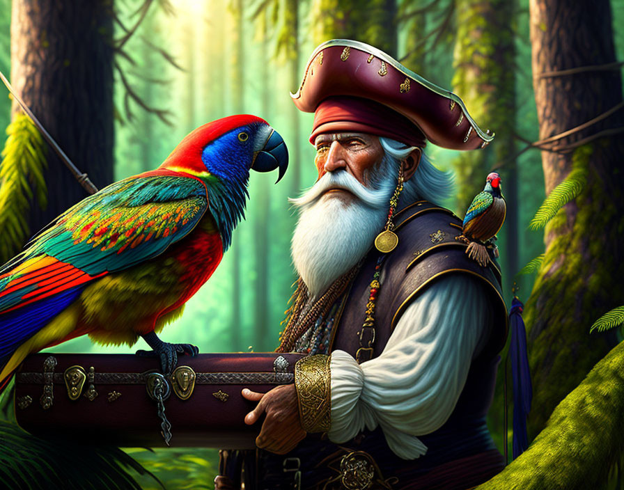 Elderly pirate with parrot and telescope in lush forest setting