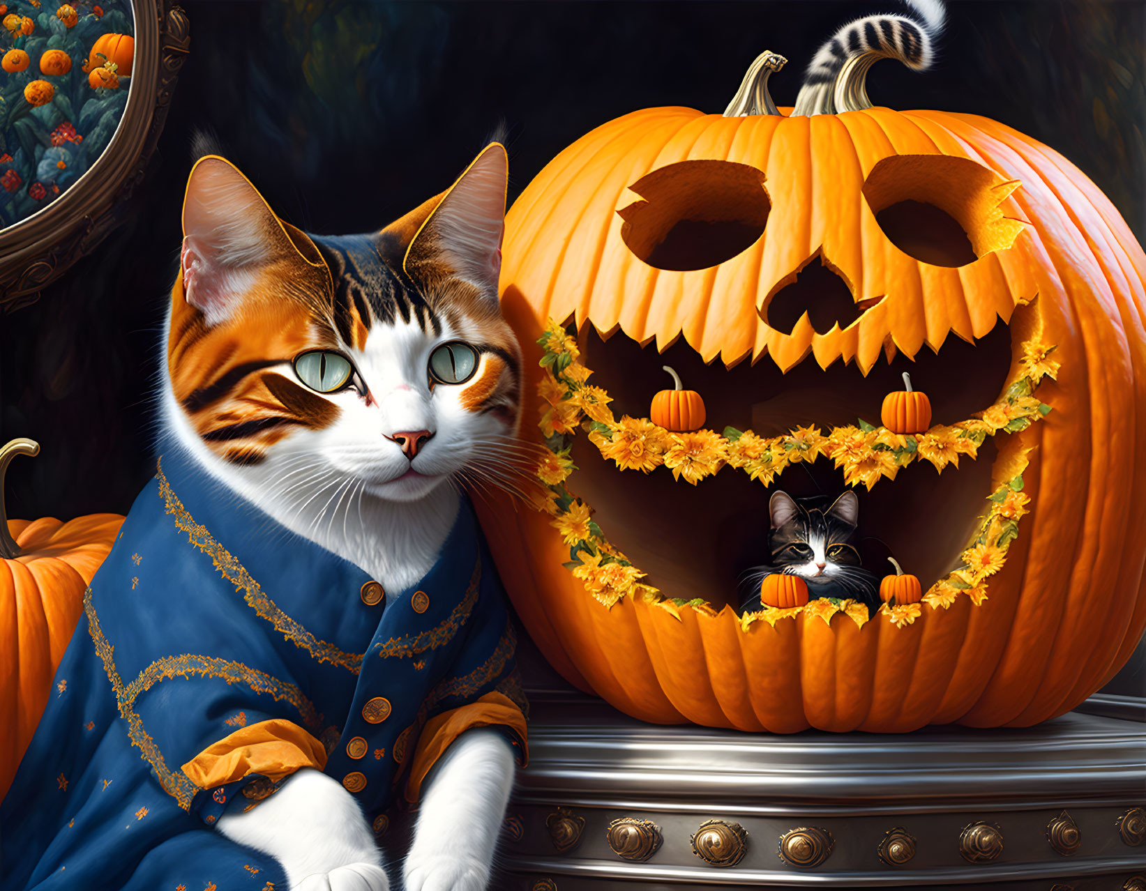 Cat in blue outfit near large carved pumpkin with smaller cat, classic painting, and elegant table.