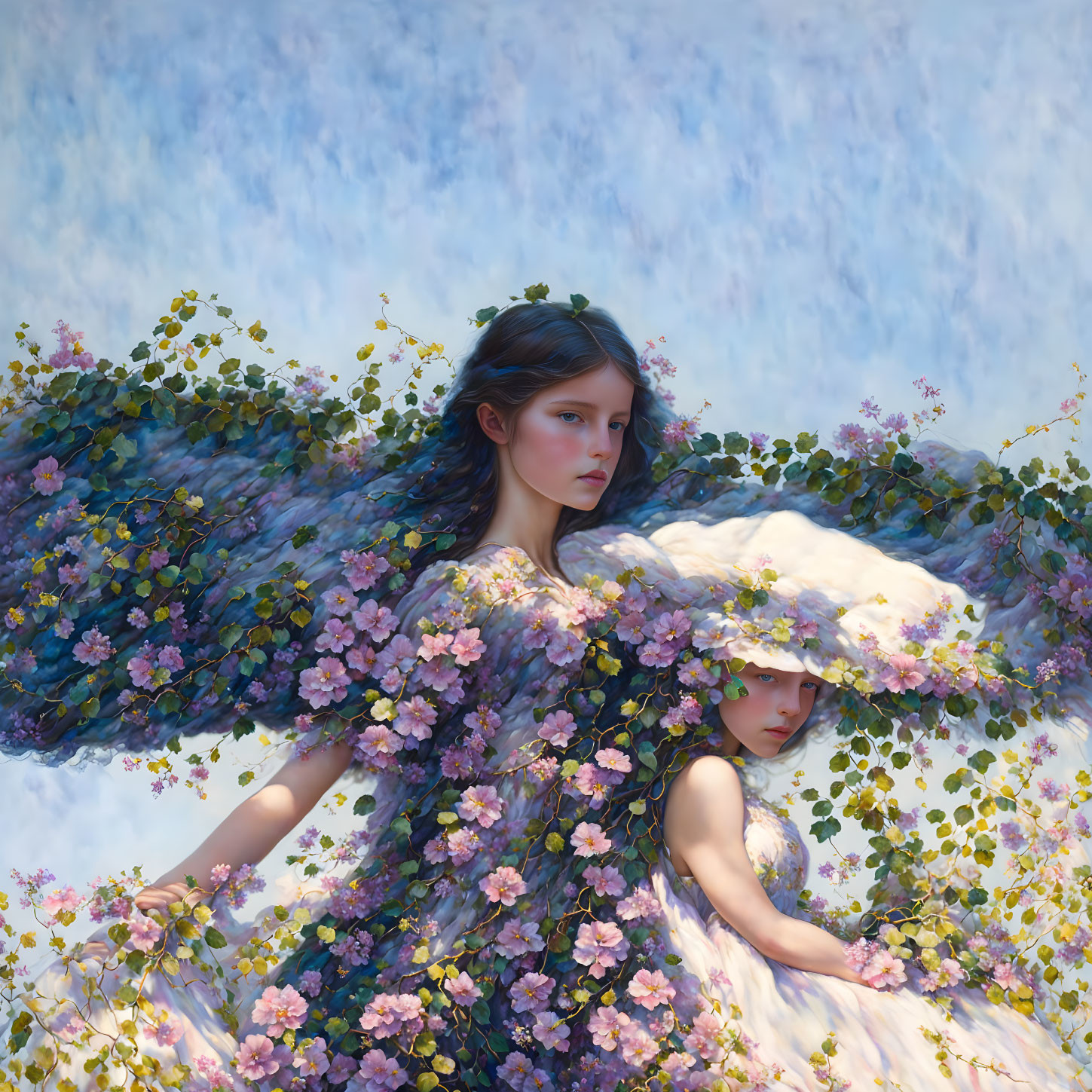 Floral winged figures in serene fantasy scene