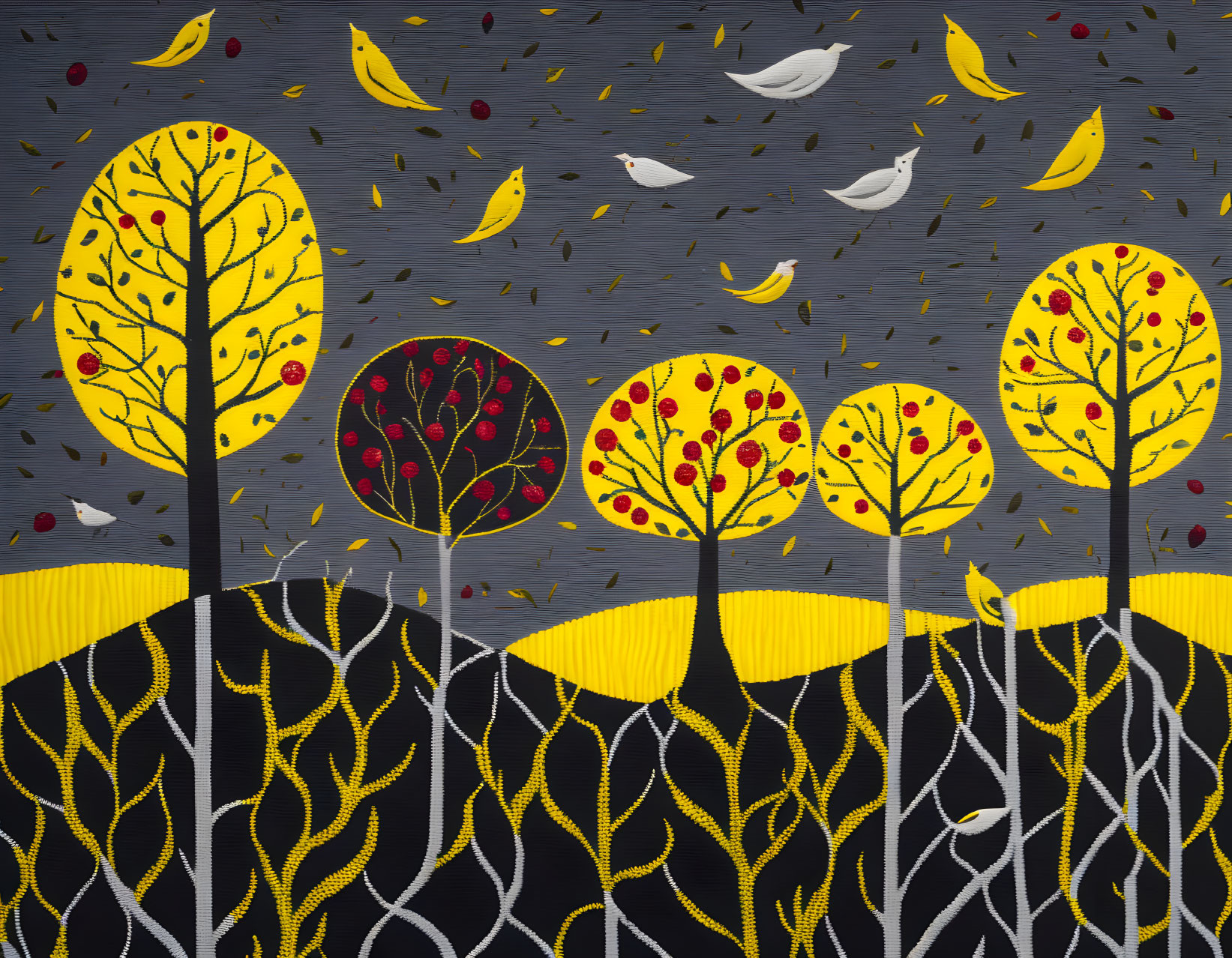 Colorful abstract artwork featuring stylized trees, birds, and leaf motifs on a gray background