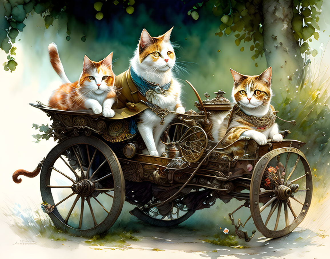 Whimsical cats in steampunk cart surrounded by lush greenery