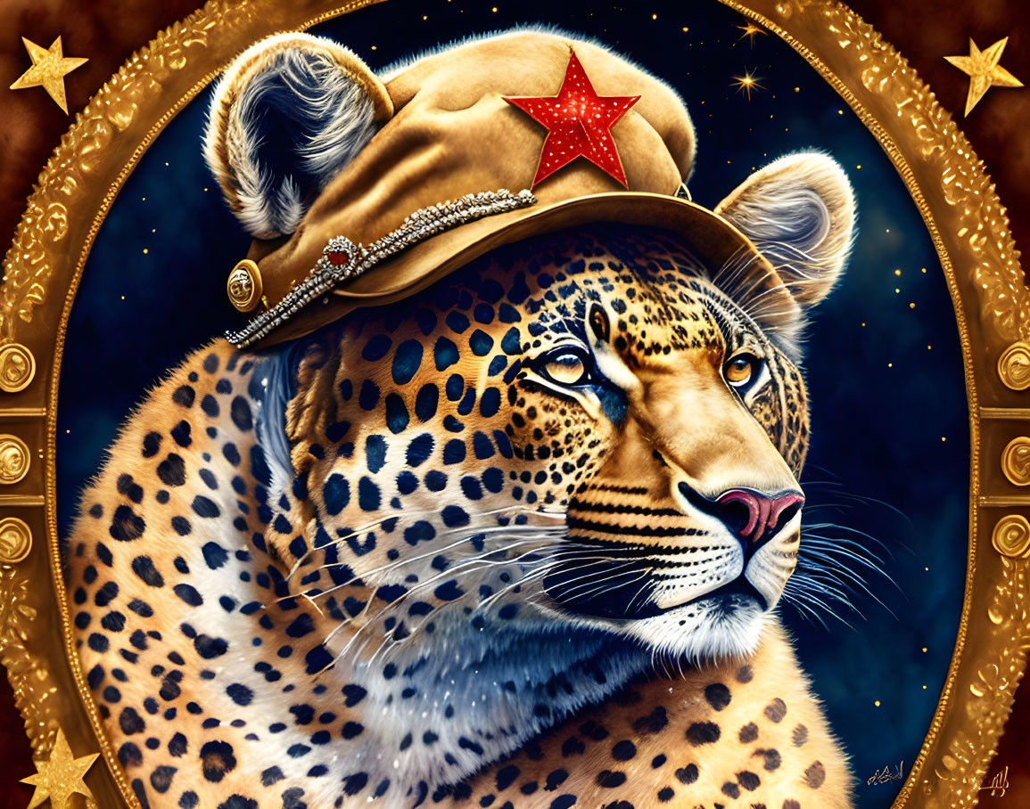 Leopard's head in military hat with red star in ornate golden frame