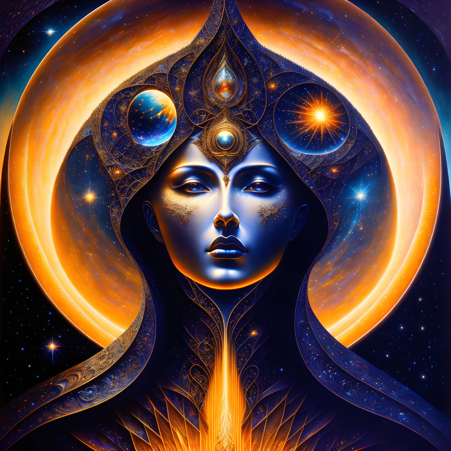 Celestial-themed digital artwork featuring female figure with cosmic headdress