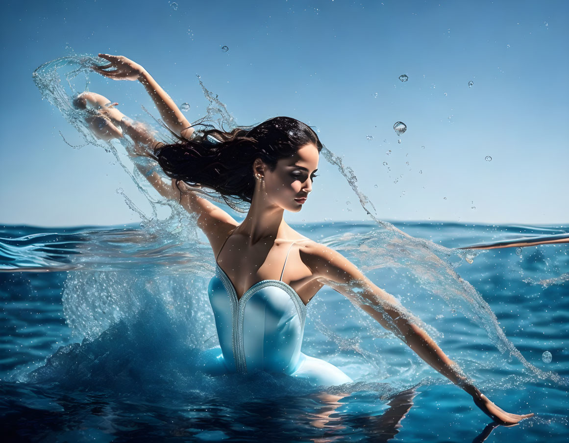 Dark-haired woman in light blue swimsuit emerges from ocean with splashing water