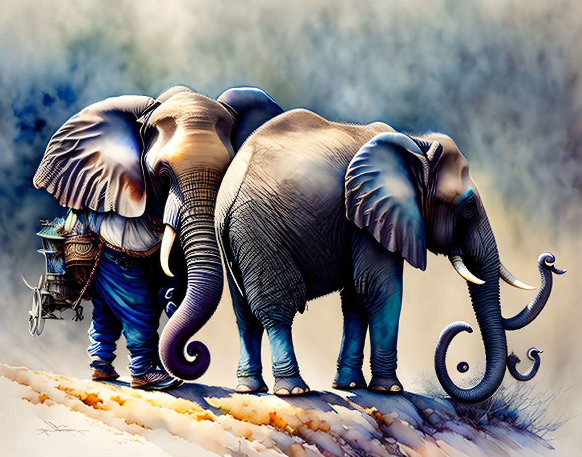 Stylized elephants with ornate detailing walking on misty path