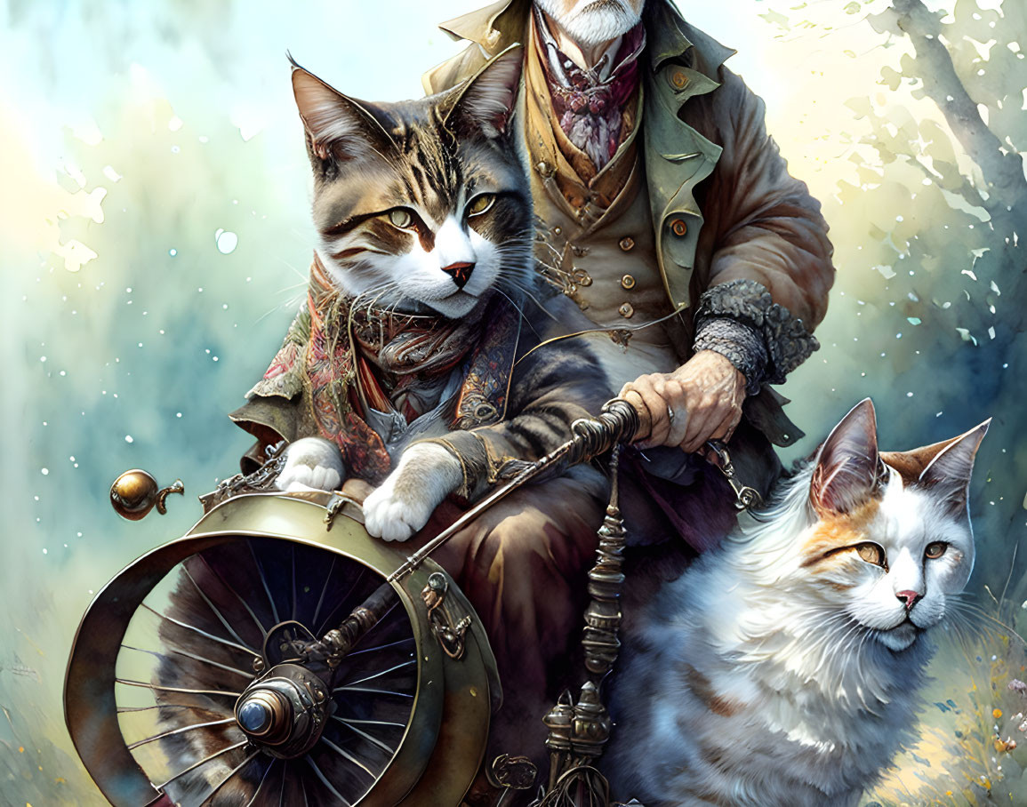 Elderly man with steampunk aesthetic operates machine with large cats