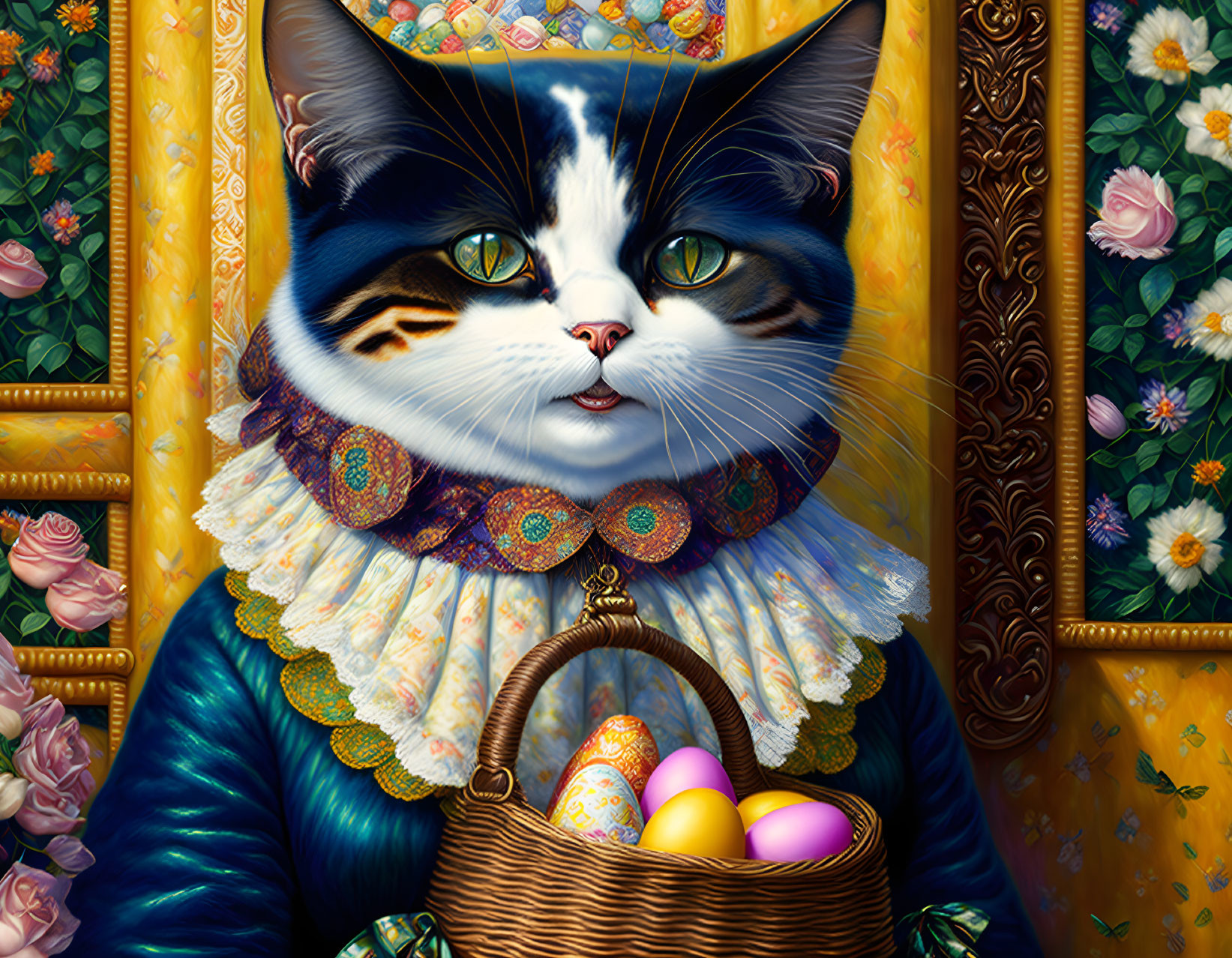 Colorful painting of cat with human-like eyes and Easter eggs basket