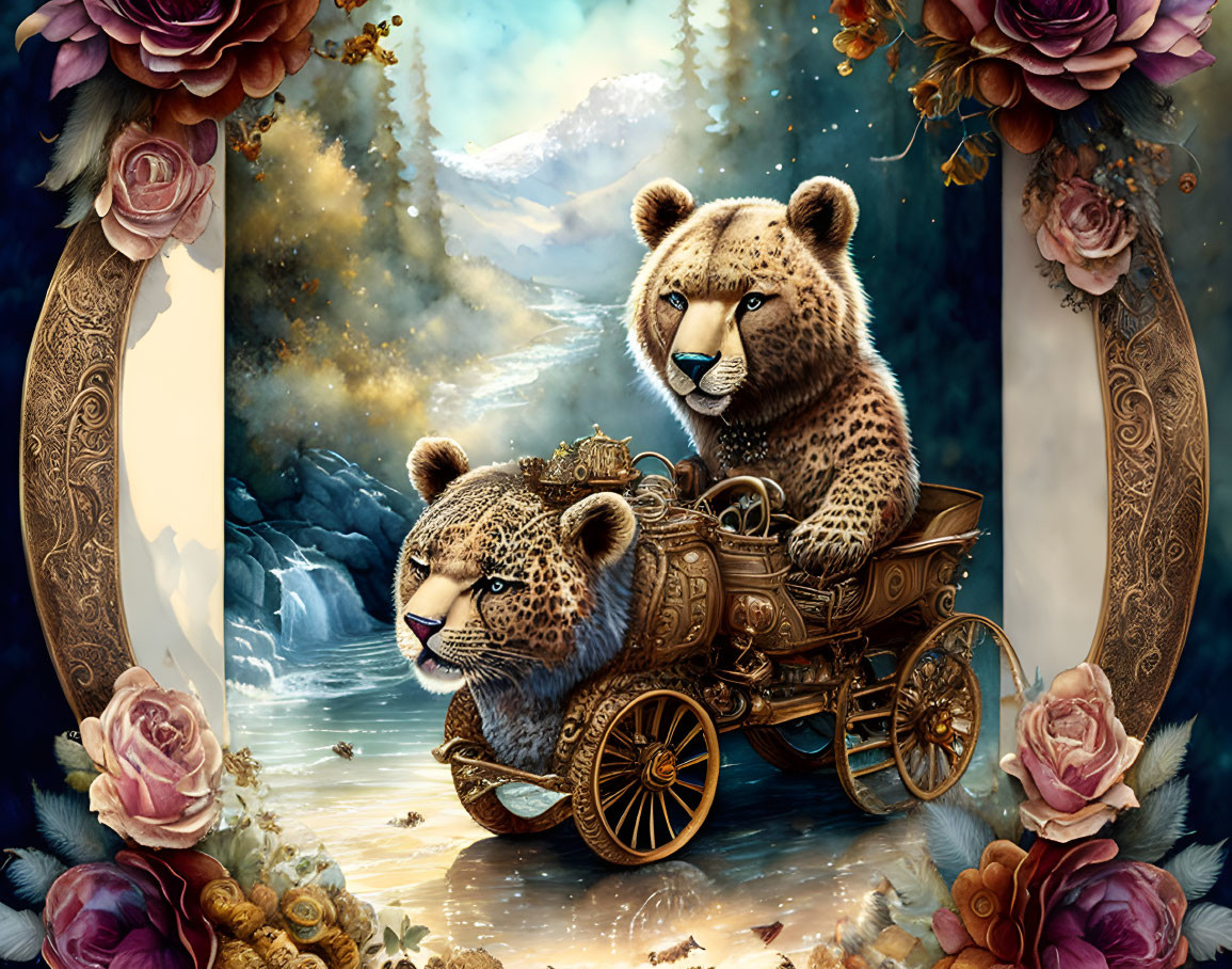 Leopards in gold carriage through mystical forest