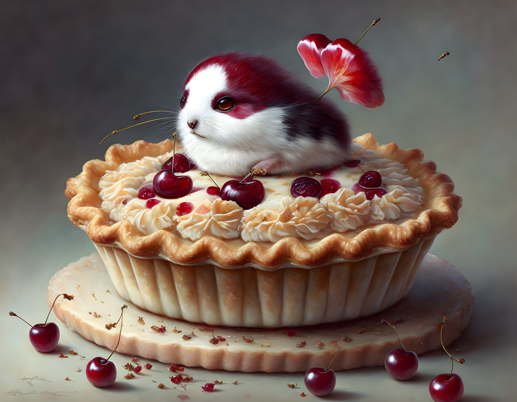 Guinea Pig and Cherry Pie Illustration with Fruit Garnish