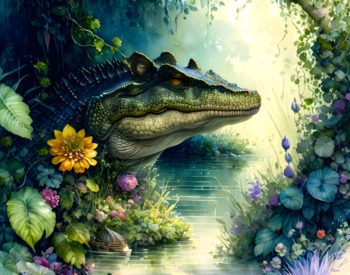 Detailed Crocodile Head Emerging from Water in Lush Greenery