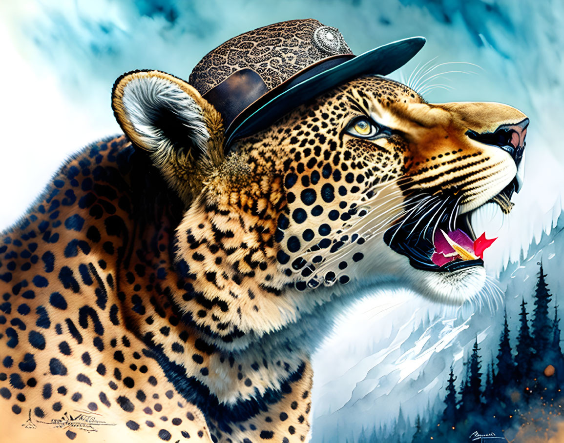 Stylized leopard illustration with hat in snowy forest setting