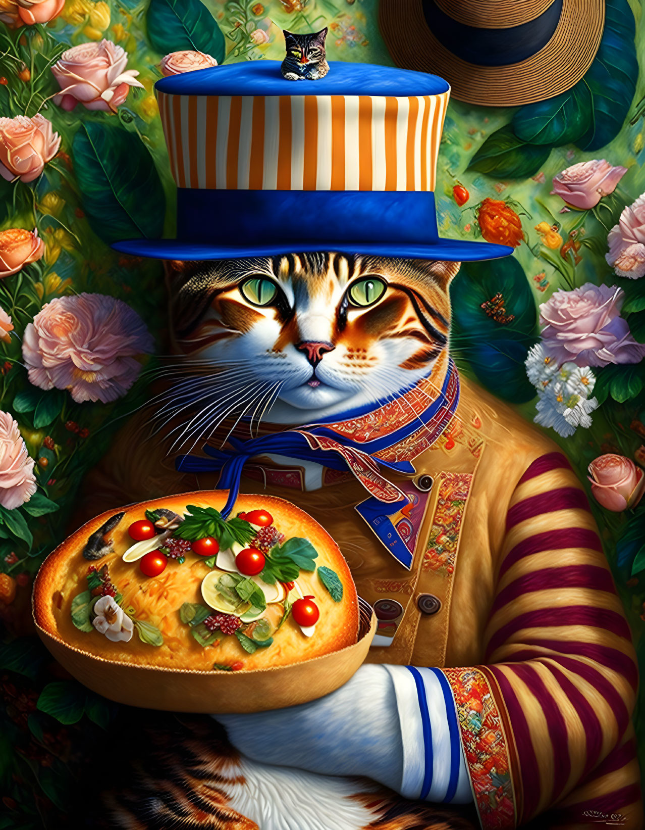 Colorful anthropomorphic cat with pizza and tiny cat on hat against floral backdrop