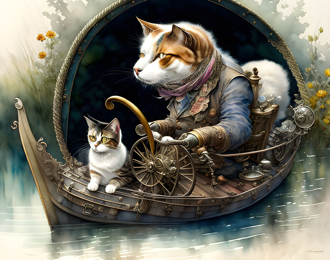 Anthropomorphic cats in vintage outfits with steampunk vehicle.