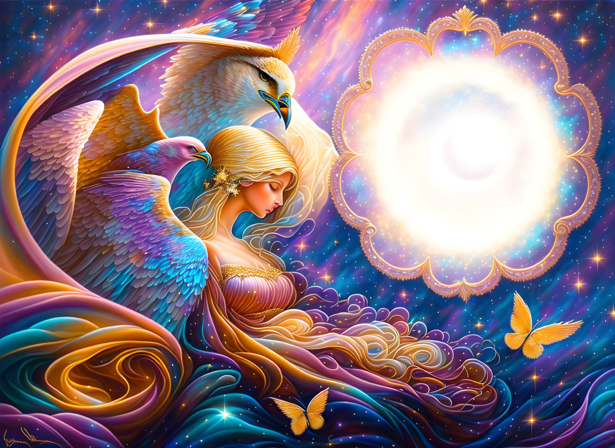 Fantasy artwork: Woman with flowing hair and majestic owl in celestial scene