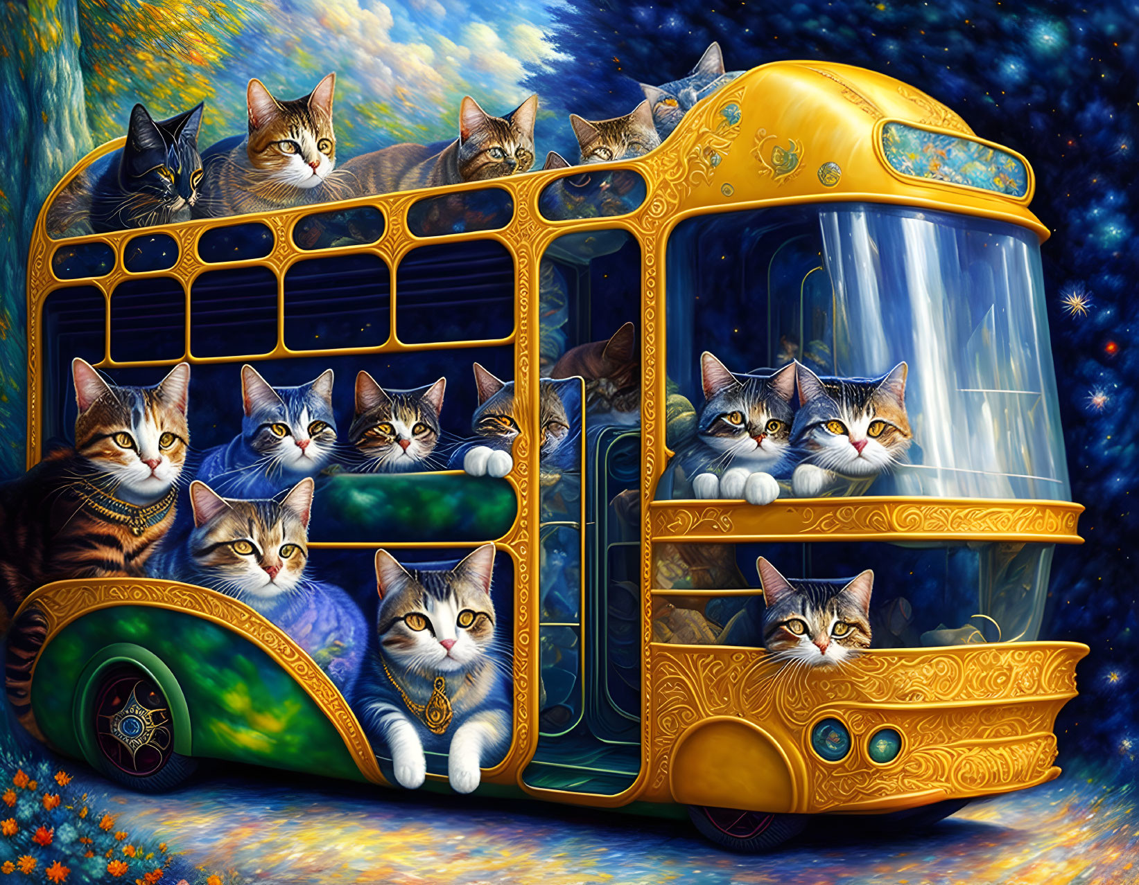 Surreal golden yellow bus with cat faces under starry sky