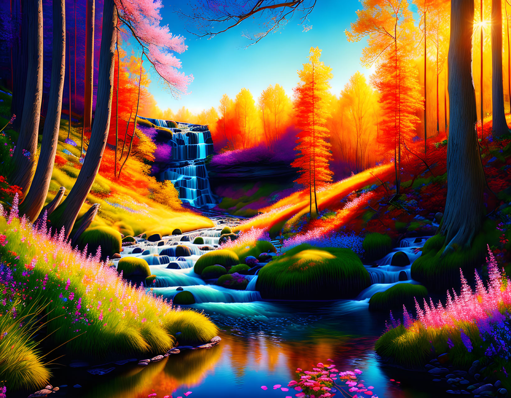 Colorful Forest Scene with Waterfall, Stream, and Brightly Lit Trees