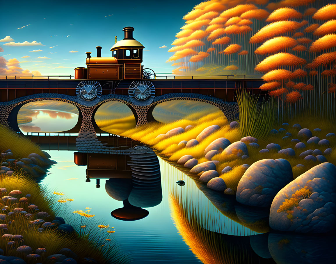 Vintage train crossing river bridge with surreal landscape in golden light