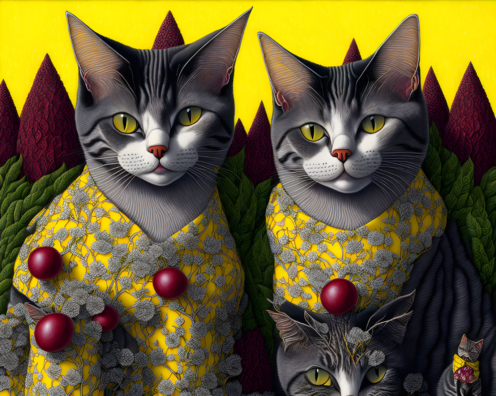 Stylized cats in human-like clothing on yellow background