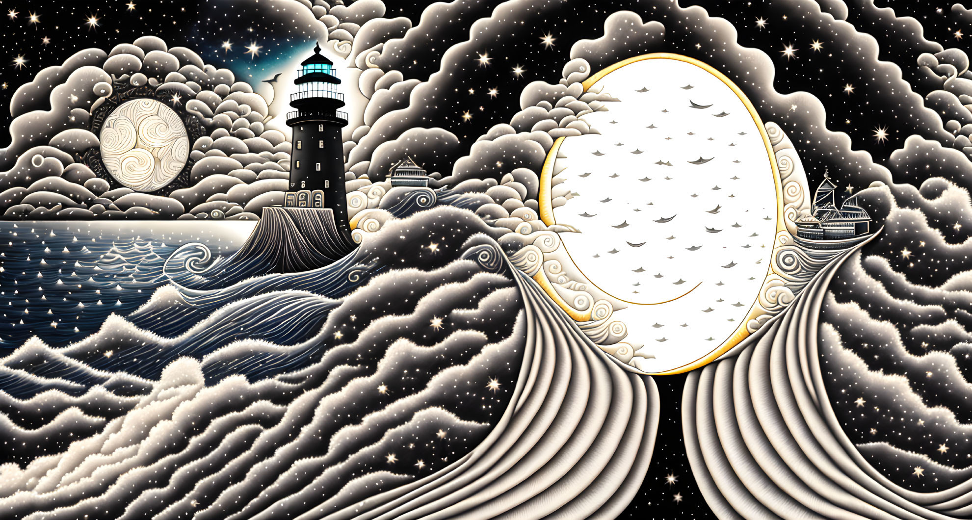 Black and white lighthouse illustration with whale tail, moon, stars, and clouds